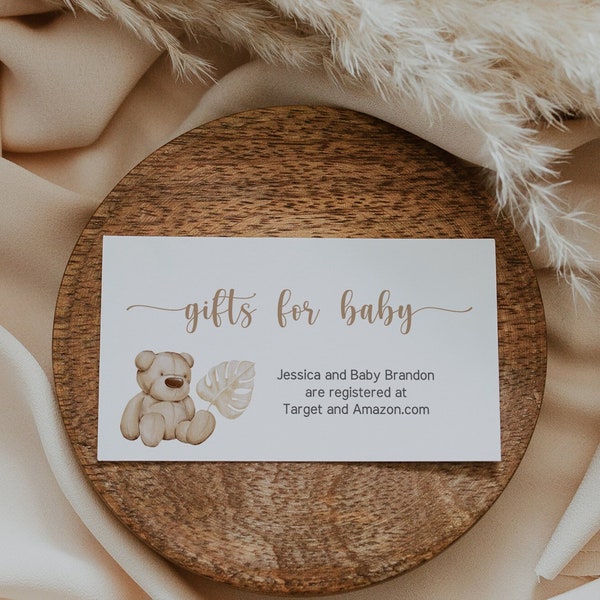 Boho Teddy Bear Baby Shower Gift Registry Card, Bear Baby Shower Invitation Insert Card, FULLY Editable, Instant Download - NK4
