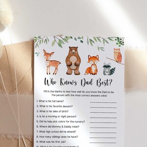 Who Knows Dad Best EDITABLE, Woodland Baby Shower Game, Printable, Forest Animals, Coed Baby Shower Instant Download - WD2