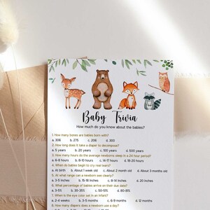 Baby Shower Trivia Game, Woodland Baby Trivia, Instant Download, Forest Animals Baby Shower Game Printable - WD2