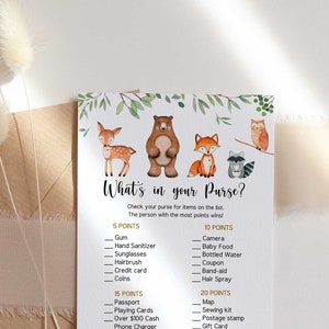 Cosa c&#39;è nel tuo gioco di baby shower della borsa, modificabile, Woodland Baby Shower, download istantaneo, gioco di borse per bambini - WD2