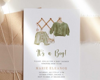 It's a Boy Baby Shower Invitation Template, Baby Boy Shower Invites, Clothesline Invite, Boho Baby Shower Editable Invite - NK6