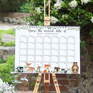 Woodland Baby Geburtsdaten Kalender Spiel, Wald Baby Shower Spiel Schild, Guess the Birthday, Kalender, bearbeitbare Vorlage - WD2