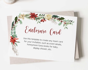 May include: A white enclosure card with the text "Enclosure Card" in red script, adorned with a floral border of red poinsettias, green leaves, and gold accents. The card is on a neutral envelope.