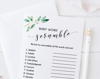 Baby Shower Word Scramble, Eucalyptus Baby Shower Game, Greenery Baby Shower Scramble, Instant Download, Printable - GN1