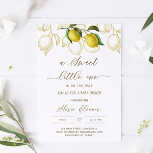 Sweet Little One Editable Invitation, Lemon Baby Shower Invite, Digital Invitation, Summer Baby Shower - SPG5