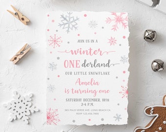 Winter ONEderland Birthday Invitation Girl, First Birthday Invite Template, Holiday Girl Party Invitation Printable - WT2