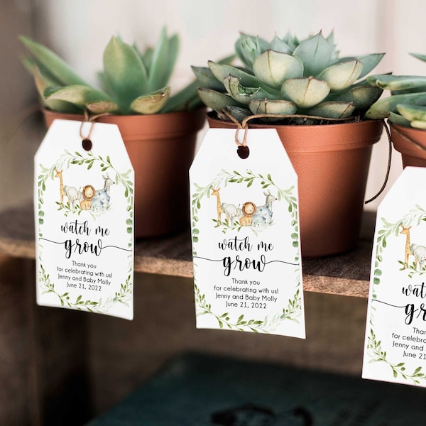 Safari Baby Shower Favor Tags, Watch me Grow Succulent Baby Shower Tag Template, Editable - FB4