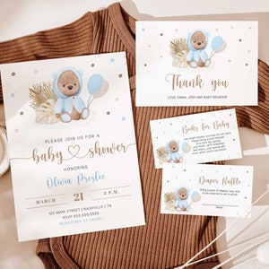 Teddy Bear Baby Boy Shower Invitation Bundle, Bear Balloon Invitation Template, Boho Baby Shower, Invitation Insert, Instant Download - NP2