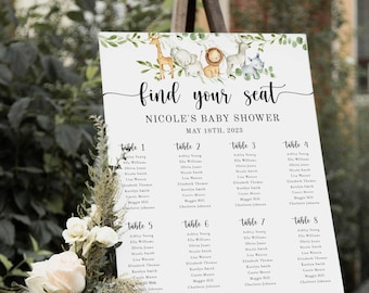 May include: A white seating chart with a green leafy border and a whimsical illustration of jungle animals. The chart is titled "Find Your Seat" and lists the names of guests for Nicole's baby shower on May 18th, 2023.