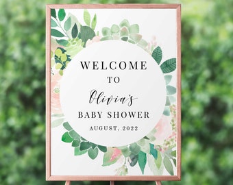 Welcome Baby Shower Sign Template, Succulent Baby Shower Sign, Printable, Girl Baby Shower, Greenery Baby Shower - GN3