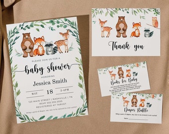 Plantilla de invitación a Woodland Baby Shower, paquete de invitación a Woodland Baby Shower, Baby shower de animales del bosque, imprimible - WD2