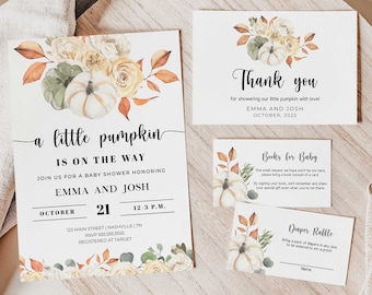 Pumpkin Baby Shower Invitation Template, Fall Baby Shower Invitation Bundle, Books for Baby, Diaper Raffle, Thank You Card - LL4