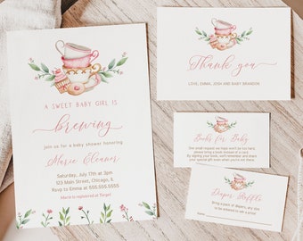 Tea Party Baby Shower Invitation Bundle, Books for Baby, Diaper Raffle, Thank You Cards, Girl Invite, Baby is Brewing Template - FB9