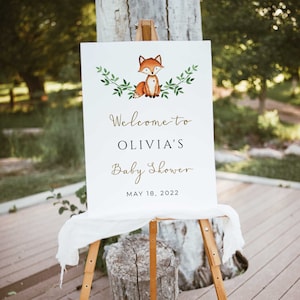 Cartello di benvenuto per baby shower Woodland, modello per cartello per baby shower, cartello di benvenuto Fox Baby Shower, cartello stampabile - WT1