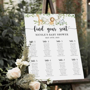 Safari babyshower stoelindeling bord, tafelplansjabloon, vind je stoel, tafeltoewijzing, jungledieren, afdrukbaar - FB4