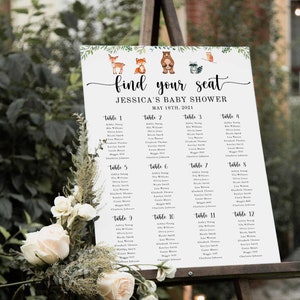 Gráfico de asientos signo Woodland Baby Shower, plantilla de plano de mesa, encuentre su asiento, asignación de mesa, animales del bosque, imprimible - WD2