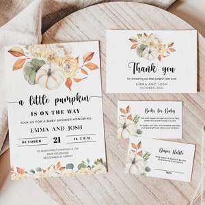 Pumpkin Baby Shower Invitation Template, Fall Baby Shower Invitation Bundle, Books for Baby, Diaper Raffle, Thank You Card - LL4