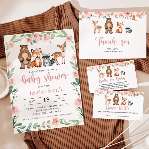 Woodland Girl Baby Shower Invitation Bundle, Book Request, Diaper Raffle and Thank You Cards Printable, Girl Baby Shower Template - WD3
