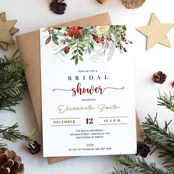 Winter Bridal Shower Invitation, Christmas Bridal Shower Invitation Template, Christmas Shower Invite, Printable - CH6