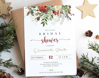 May include: A bridal shower invitation with a floral design featuring red berries and green leaves. The invitation text reads "Join us for a Bridal Shower" and includes the honoree's name, date, and time. The invitation is on a white background.