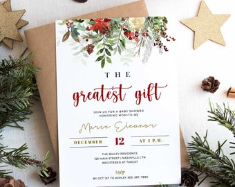 Peut inclure: Une invitation à une baby shower avec le texte "The Greatest Gift" en écriture rouge, ornée d'éléments floraux à l'aquarelle. L'invitation comprend les détails de la baby shower de Marie Eleanor, prévue le 12 décembre à 16h. L'invitation est sur fond blanc.