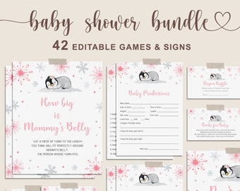 Penguin Girl Baby Shower Games Bundle, Winter Baby Shower Activity, EDITABLE, Penguin and Snowflakes Baby Shower Sign - WT9