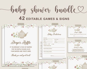 Tea Party Baby Shower Games Bundle, Spring Baby Shower Bundle, Girl Baby Shower Bingo, Wishes for Baby and more Printable Game and Sign