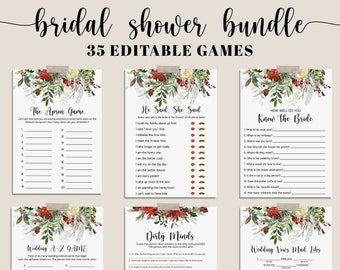 Puede incluir: Un paquete de juegos para despedida de soltera con 35 juegos editables. Los juegos incluyen "The Apron Game", "He Said, She Said", "How Well Do You Know the Bride", "Wedding A-Z Game", "Dirty Minds" y "Wedding Vows Mad Libs". Cada hoja de juego está decorada con detalles florales.