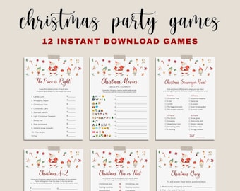 May include: A set of six printable Christmas party games, including "The Price is Right!", "Christmas Movies Emoji Pictionary", and "Christmas Quiz". Each game sheet is decorated with festive illustrations and text, perfect for holiday gatherings.