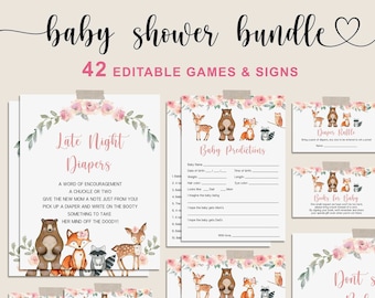 Woodland Girl Baby Shower Games Bundle, Floral Woodland Baby Games Bundle EDITABLE, Forest Baby Shower Game, Instant Download - WD3