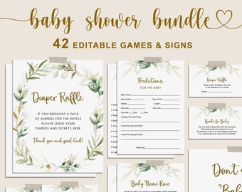Baby Shower Games Bundle, Greenery Baby Games Template, Baby Shower Game Pack, EDITABLE, Instant Download - GN2
