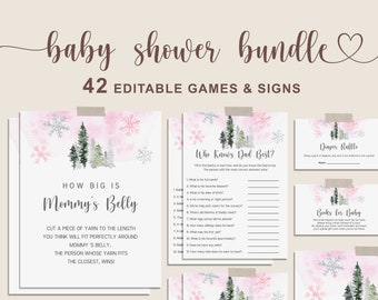 Winter Baby Shower Games, Snowflake Girl Baby Shower, Winter Wonderland Baby Shower Bundle, Baby Shower Bingo, Printable Game and Sign - WT6