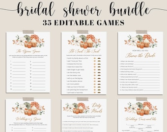 May include: A set of printable bridal shower games with a fall theme. The games include "The Apron Game", "He Said, She Said", "How Well Do You Know the Bride", "Wedding A-Z Game", "Dirty Minds", and "Wedding Vows Mad Libs". The games feature a watercolor illustration of pumpkins, fall leaves, and cupcakes.