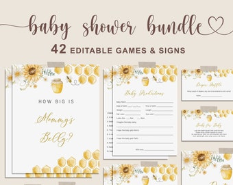 Honey Bee Baby Shower Games Bundle, Bumble Bee Baby Shower Bundle, Sunflower Bee Baby Shower Printable Games and Signs - SPG4