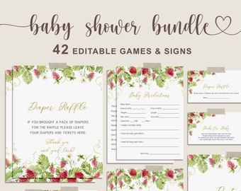 Strawberry Baby Shower Games Bundle, Berry Sweet Baby Shower Activity, EDITABLE, Girl Summer Baby Shower Sign - SPG6