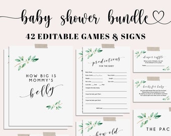 Baby Shower Games Bundle, Baby Games Bundle, Greenery Baby Shower Games EDITABLE, Baby Shower Game, Instant Download - GN1