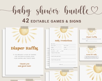 Puede incluir: Un paquete de baby shower con 42 juegos y letreros editables. El diseño presenta un gráfico de sol en una paleta de colores cálidos. Incluye juegos como "Diaper Raffle", "Baby Predictions" y "Baby Name Race".