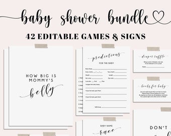Baby Shower Games Bundle, Modern Baby Shower Games, Simple Baby Shower, EDITABLE Game, Card and Sign, Gender Neutral Baby Shower Game - BW2