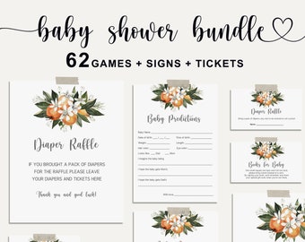 Orange Baby Shower Games Bundle, Little Cute Baby Games Bundle, Orange Baby Shower Sign, EDITABLE Baby Shower Game Instant Download - LL3