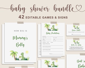 Juegos de ducha de bebé de dinosaurio, paquete de bebé de dinosaurio, plantilla editable, juegos imprimibles de ducha de bebé de niño y signo