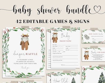 May include: A collection of baby shower games and signs with a watercolor design. The bundle includes a diaper raffle, baby predictions, and other games. The text "baby shower bundle" is at the top.