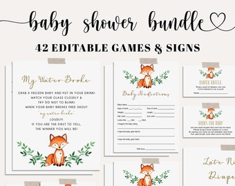 Fox Baby Shower Games Bundle, Fox Baby Shower Bundle, Printable Games and Signs, Woodland Boy Baby Shower, EDITABLE, Instant Download - WT1