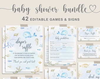 May include: A set of printable baby shower games with a blue whale, octopus, and seahorse theme. The games include "Diaper Raffle", "Baby Predictions", "Baby Name Race", "Mommy Bingo", "How Many Candies", and "Don't Say Baby".
