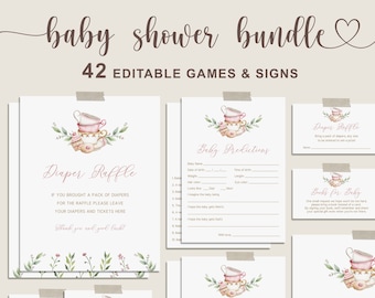 Puede incluir: Un conjunto de juegos y carteles imprimibles para una fiesta de baby shower con temática de taza de té y cupcake. Los juegos incluyen "Rifa de pañales", "Predicciones de bebé", "Carrera de nombres de bebé", "¿Cuántos dulces?", "No digas bebé" y "Libros para bebé".