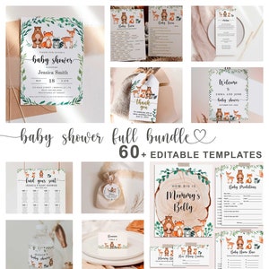 May include: A set of 60+ editable templates for a woodland themed baby shower. The templates feature a brown bear, fox, deer, and other woodland animals with green leaves and a woodgrain background. The templates include a welcome sign, baby shower invitations, thank you tags, find your seat cards, how big is mommy's belly game, baby predictions, and baby name game.