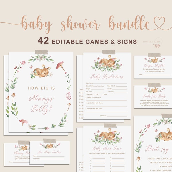 Oh Deer Baby Shower Spiele Bundle, Wald Deer Baby Spiele Bundle EDITIERBAR, Mädchen Baby Shower Spiel, Instant Download - FB9