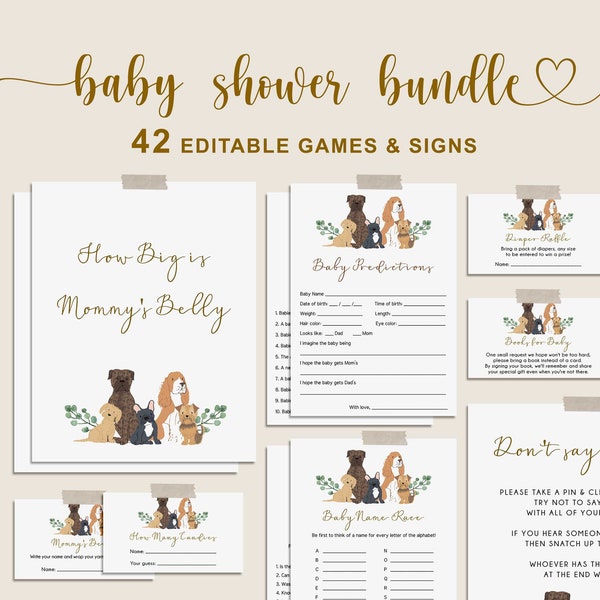 Puppy Baby Shower Games Bundel, Puppy Dog Baby Shower Bundel, BEWERKBARE Games en Sign, Instant Download - LG3