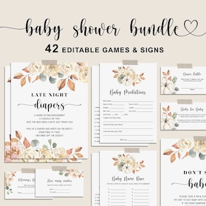 May include: A baby shower bundle with 42 editable games and signs. The design features floral and pumpkin graphics in neutral tones. Includes games like "Baby Predictions," "Baby Name Race," and "Late Night Diapers," all with customizable fields.