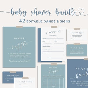 Boho Baby Shower Games, Boy Baby Shower Bundel, Modern, Minimalistisch, Dusty Blue Baby Shower Afdrukbare spellen en teken, bewerkbare sjabloon - MNL