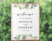 Greenery Wedding Welcome Sign Template, Succulent and Roses, Printable, Rustic Wedding Decor - GN3